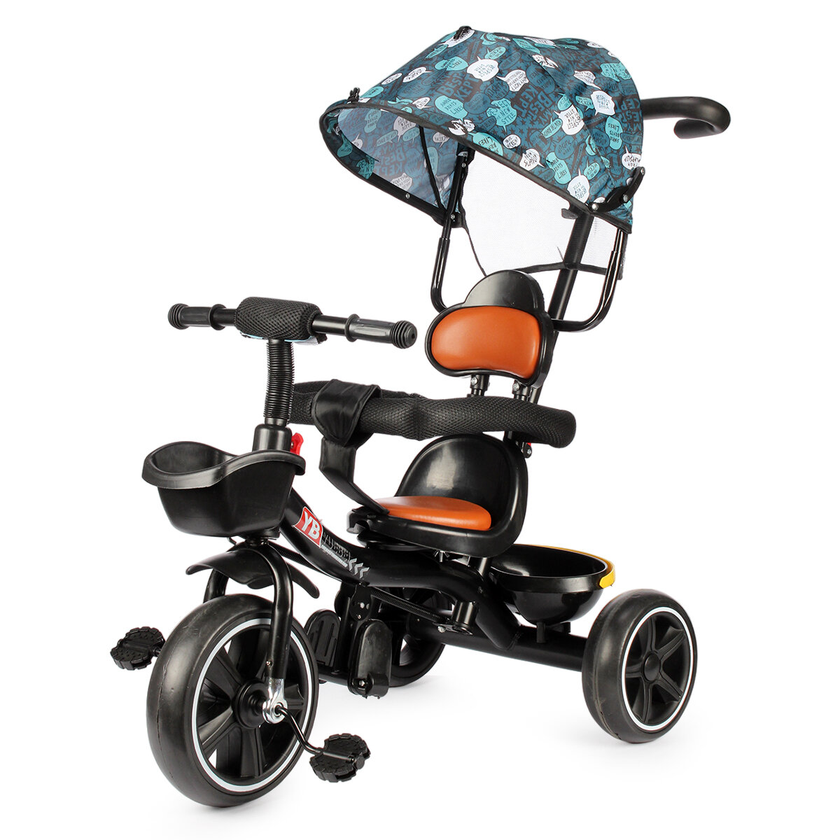 фото Детский трехколесный велосипед коляска игромаркет Kids, облегченная стальная рама, мягкое седло, широкие устойчивые колеса, антискользящие педали, корзинка, складной козырек зеленый / 1 шт