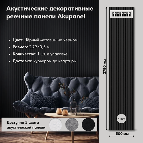 Изображение товара Акустическая стеновая панель AKUPANEL 279x50 см - Чёрные матовые рейки на чёрном основании