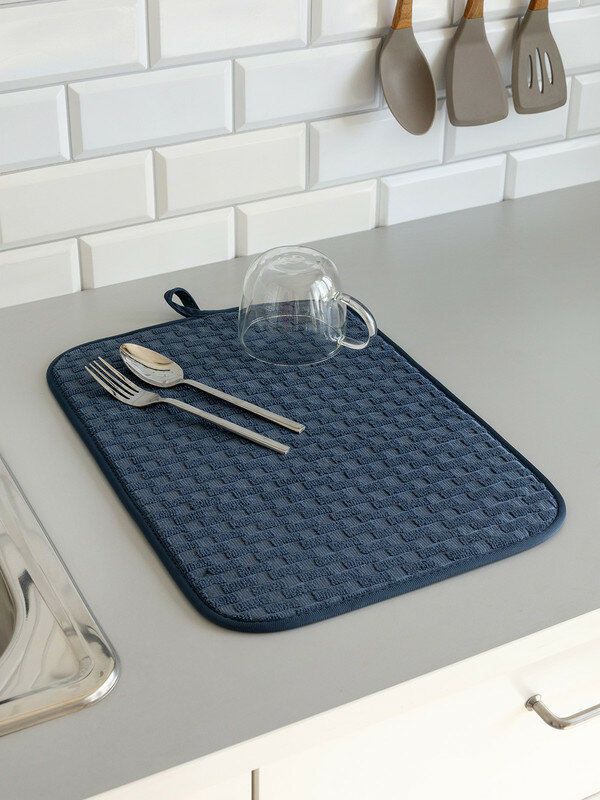 Коврик для сушки посуды LUCKY микрофибра "Шашечки" 32x45см, синий — фото 1