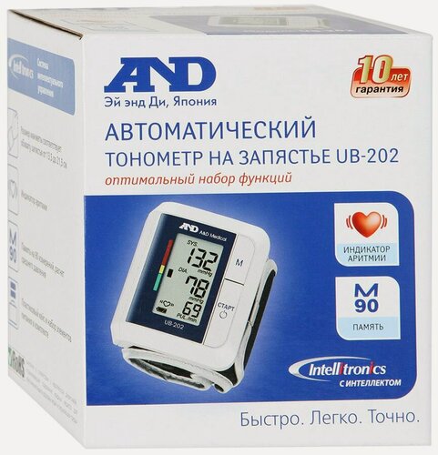 Изображение товара Тонометр автоматический AND UB-202, на запястье, с памятью, белый