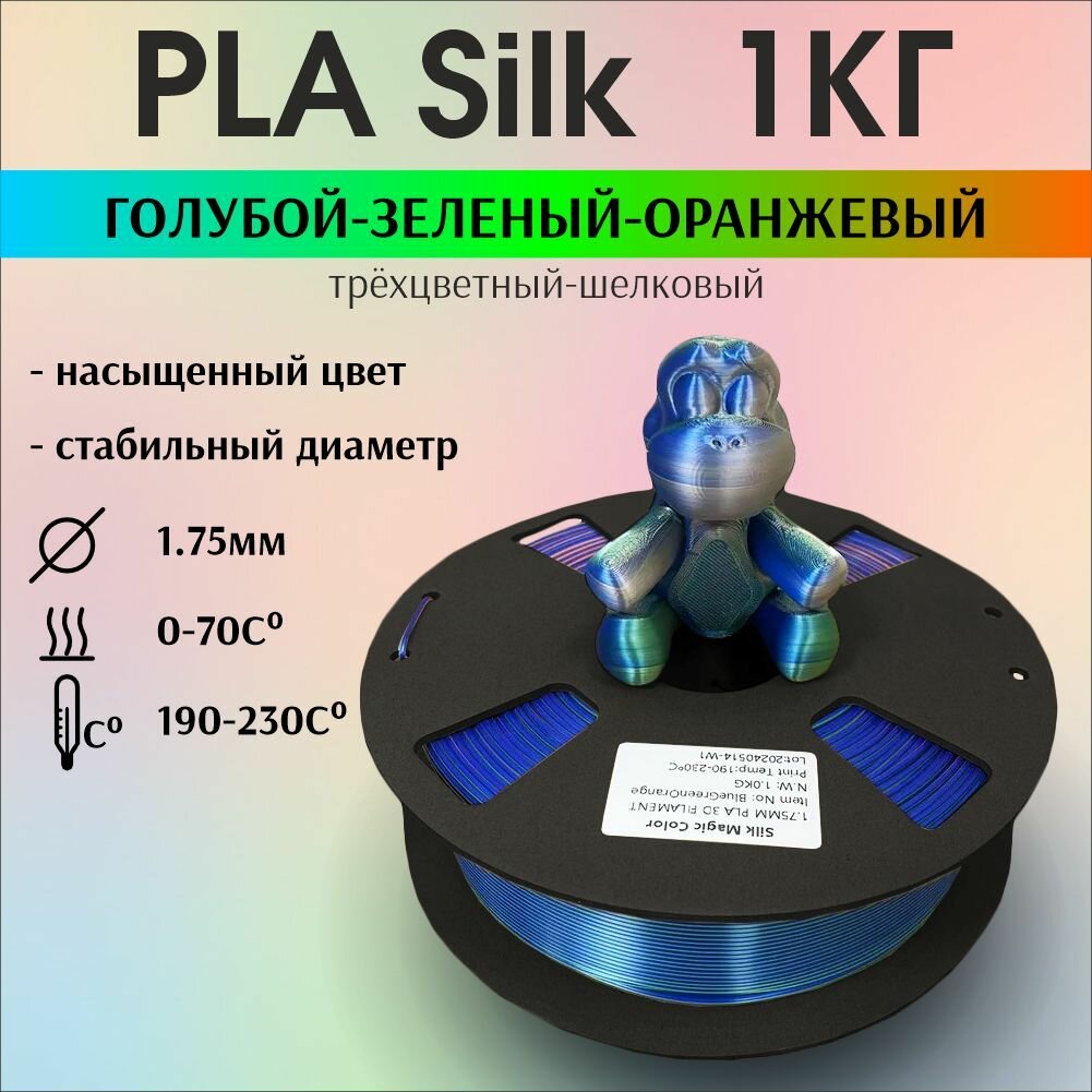 Пластик для 3D печати PLA Silk трехцветный, радужный, шелковый. 1кг