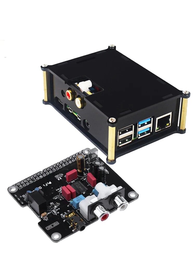 Плата расширения Raspberry Pi 4B I2S HIFI ЦАП Цифровая звуковая карта Цифровая вещательная коробка Музыкальный проигрыватель с акриловым корпусом, Black DAC W P4 Case