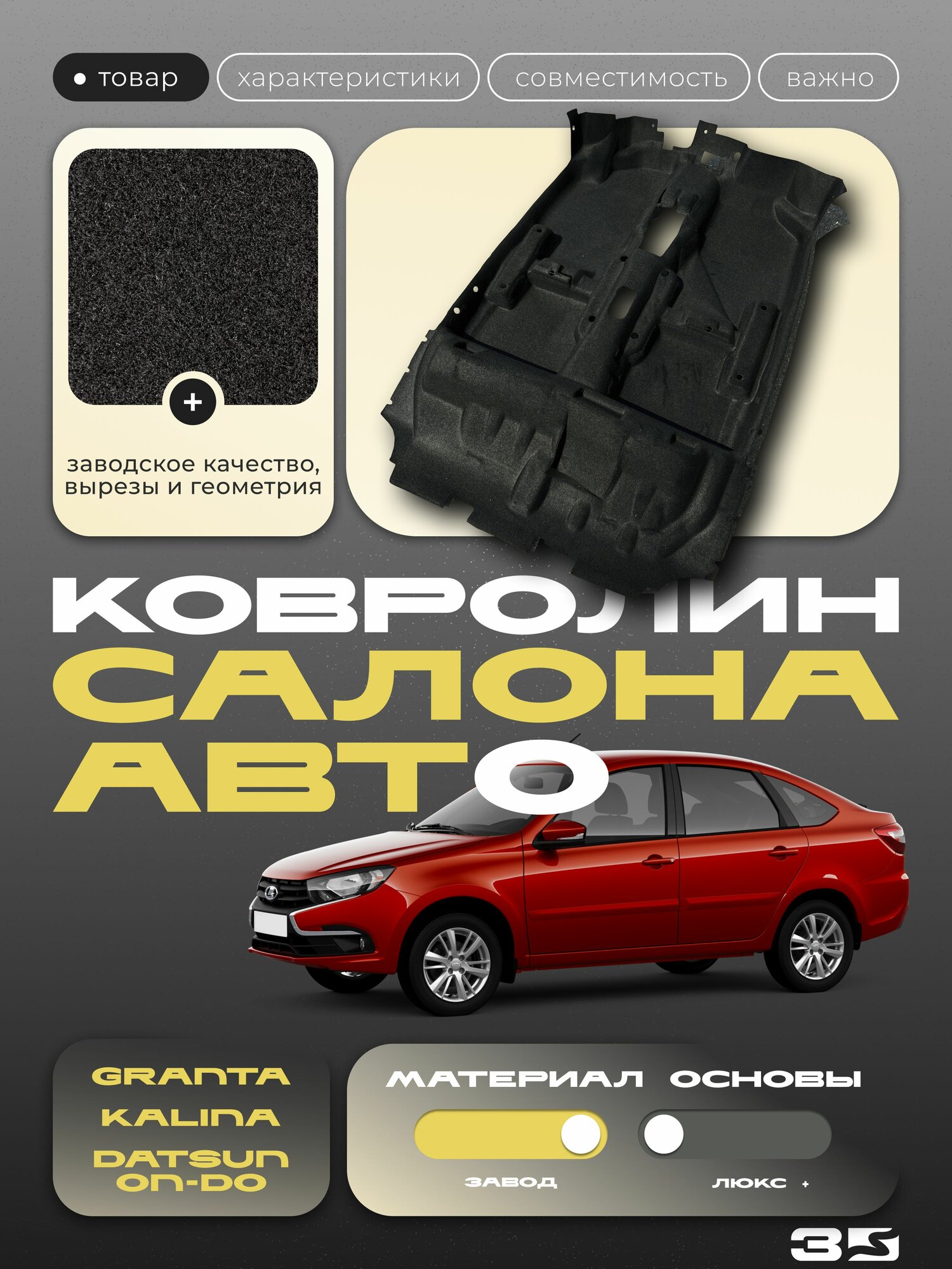 Ковролин (ковер) пола для автомобиля Лада Калина1 и 2, Лада Гранта/ Обшивка салона пола (Формованный) для ВАЗ 1117, 1118, 1119, 2190, 2191, 2192, 2194
