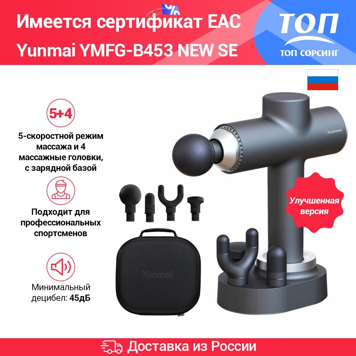 Улучшенная версия Перкуссионный массажер Yunmai Fascia Massage Gun NEW Slim Elegant YMFG-B453(Русская версия) Умный режим массажа 5 режимов работы