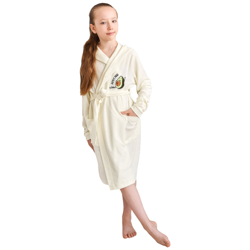 Детский халат запашной с поясом Авокадо Кремовый размер 36 Махра на трикотажной основе Оптима трикотаж с капюшоном с карманами