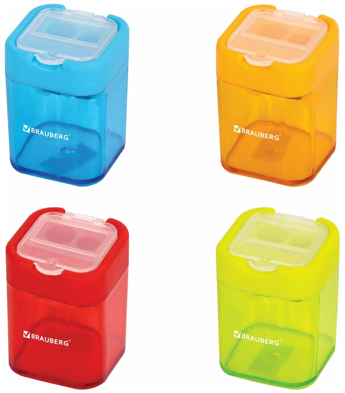 Точилка BRAUBERG PEAK с контейнером, пластиковая, прямоугольная, 2 отверстия, цвет ассорти, 226945