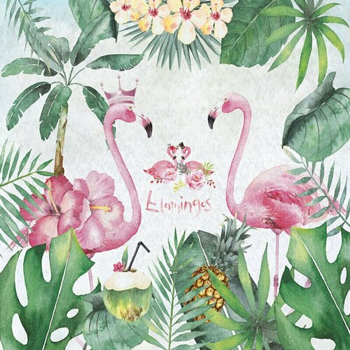 Моющиеся виниловые фотообои GrandPiK Королевские фламинго и тропические листья детские, 300х300 см