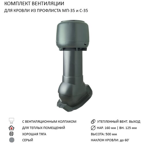 Комплект вентиляции: Колпак D160, вент. выход утепленный высотой Н-500, для кровельного профнастила 35мм, серый