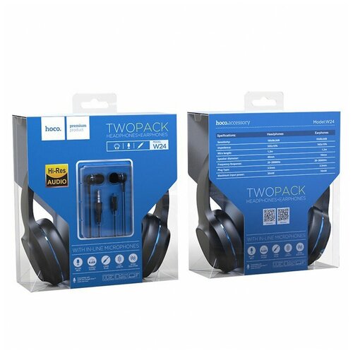 Наушники W24 Enlighten с микрофоном HOCO Черные с синим 107900₽