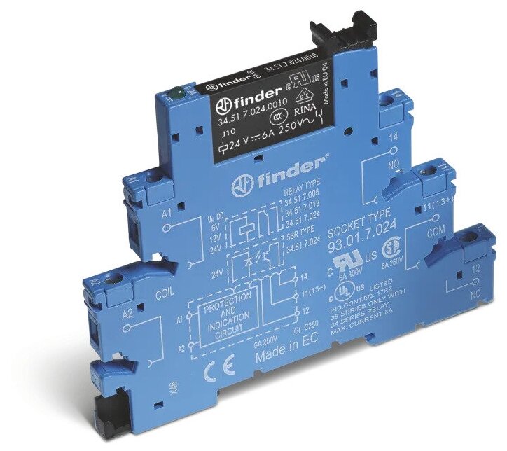 Модуль интерфейсный (сборка 34.51.7.024.0010 + 93.01.0.024) электромеханич. реле 1CO 6А AgNi 24В AC/DC IP20 винт. клеммы FINDER 385100240060 (4шт. в упак.)