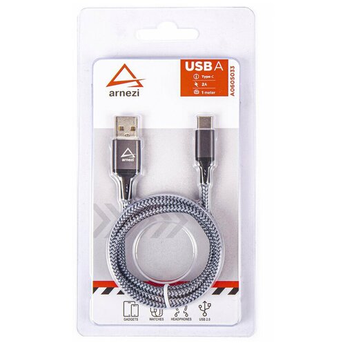 Дата-кабель USB/Type-C (1м, 2А) в оплетке ARNEZI A0605033 дата кабель atomic crystal lightning 2а black жесткий футляр