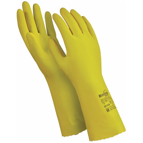 комплект 50 шт перчатки латексные manipula блеск хлопчатобумажное напыление размер 9 9 5 l желтые l f 01 MANIPULA Перчатки латексные MANIPULA Блеск, хлопчатобумажное напыление, размер 7-7,5 (S), желтые, L-F-01