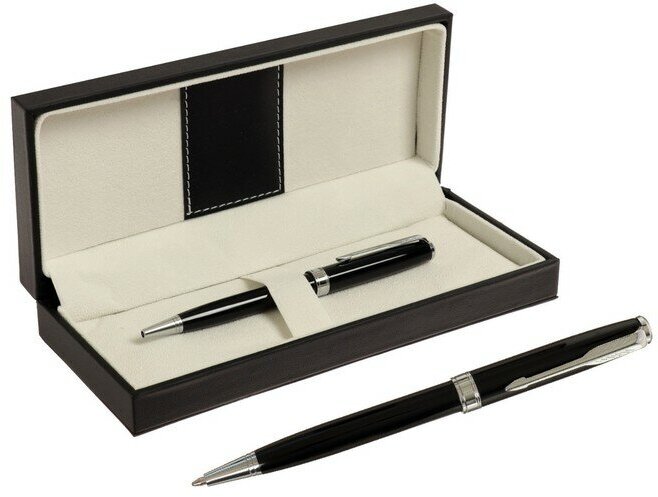 Ручка подарочная шариковая в кожзам футляре поворотная ПБ S, корпус черный/серебро