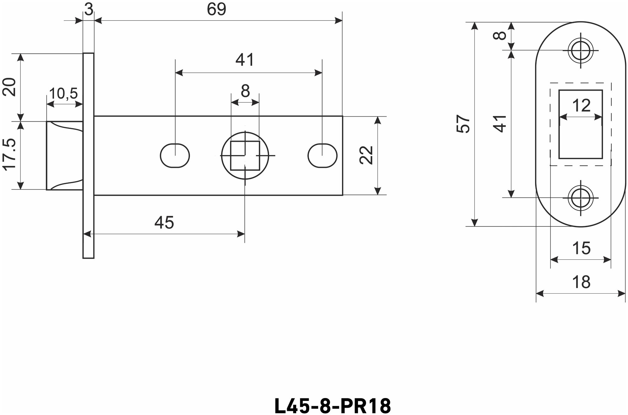 Защелка дверная межкомнатная врезная Аллюр АРТ L45-8-PR18 AB старая бронза бесшумный язычок, овальная торцевая планка 18 мм