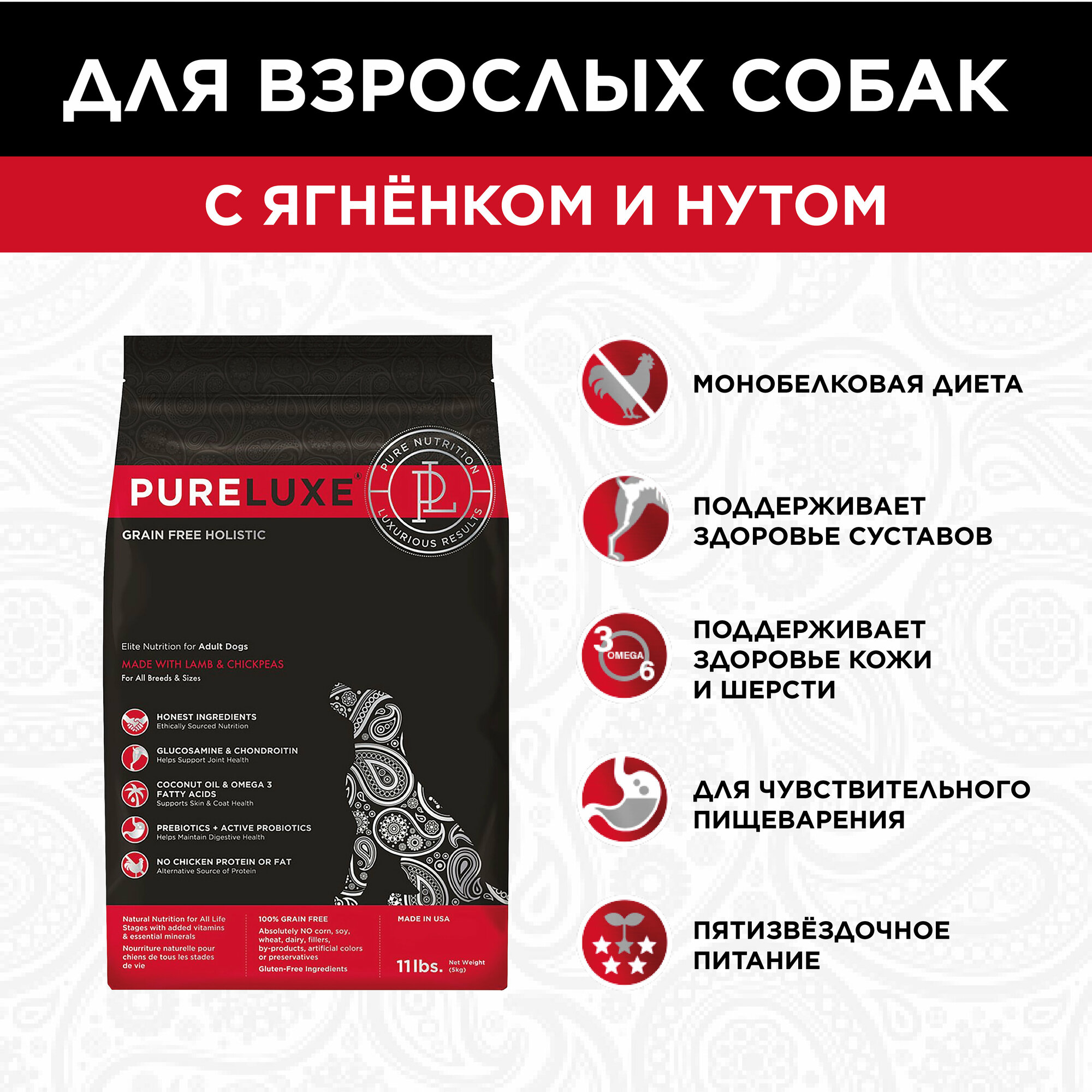 "Pureluxe Adult с ягненком и нутом" сухой корм для взрослых собак 1.81кг