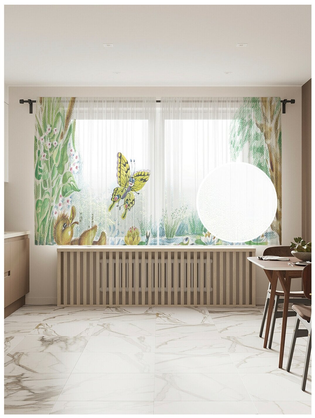 Тюль для кухни и спальни JoyArty "Рисунок озера и бабочек", 2 полотна со шторной лентой шириной по 145 см, высота 180 см.