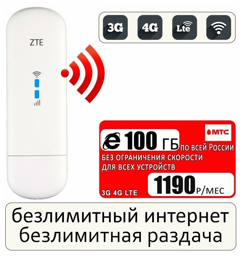 Комплект модем ZTE MF79U (RU) + сим карта МТС для интернета и раздачи 100ГБ за 1190р/мес.