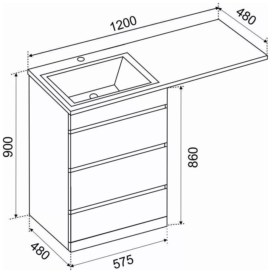Тумба джерси к умывальнику Марсал/Камила 1200 над стиральной машиной, 3 ящика