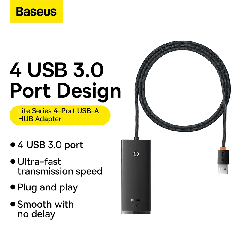 Хаб Baseus Lite (WKQX030101) 4-Port USB-A HUB Adapter 1m (Black)