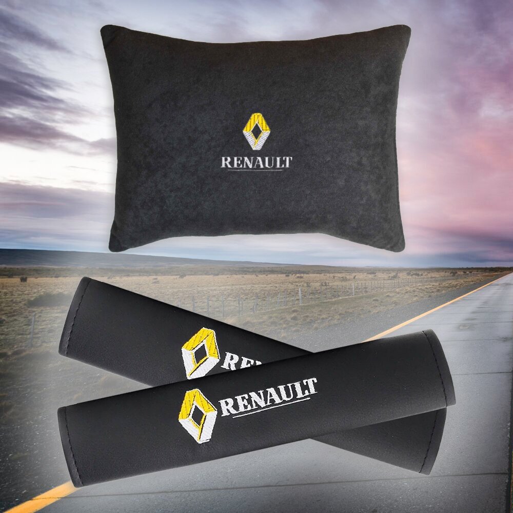 Подарочный набор автомобилиста из черного велюра для Renault (рено) (автомобильная подушка и накладки на ремень безопасности)
