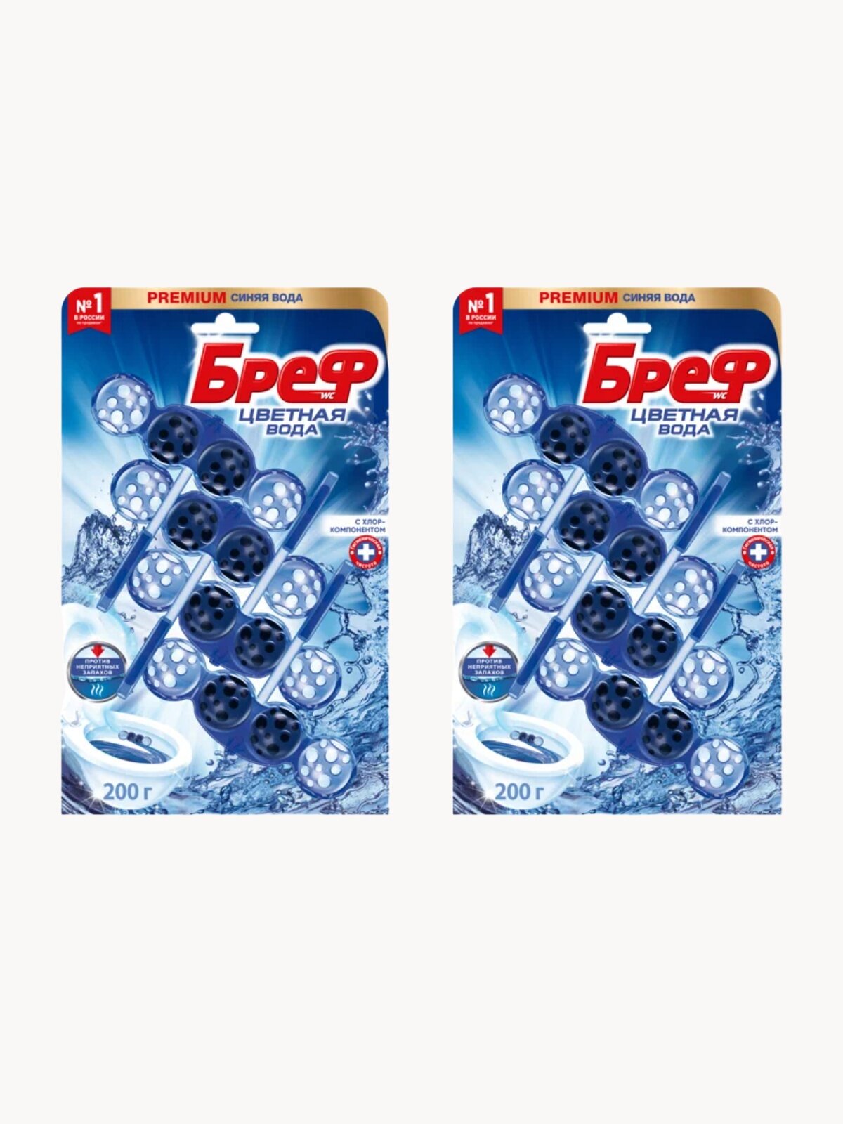 Туалетный блок Цветная Вода Хлор Бреф 50 г 4 шт. 2 шт. блистер белый/синий