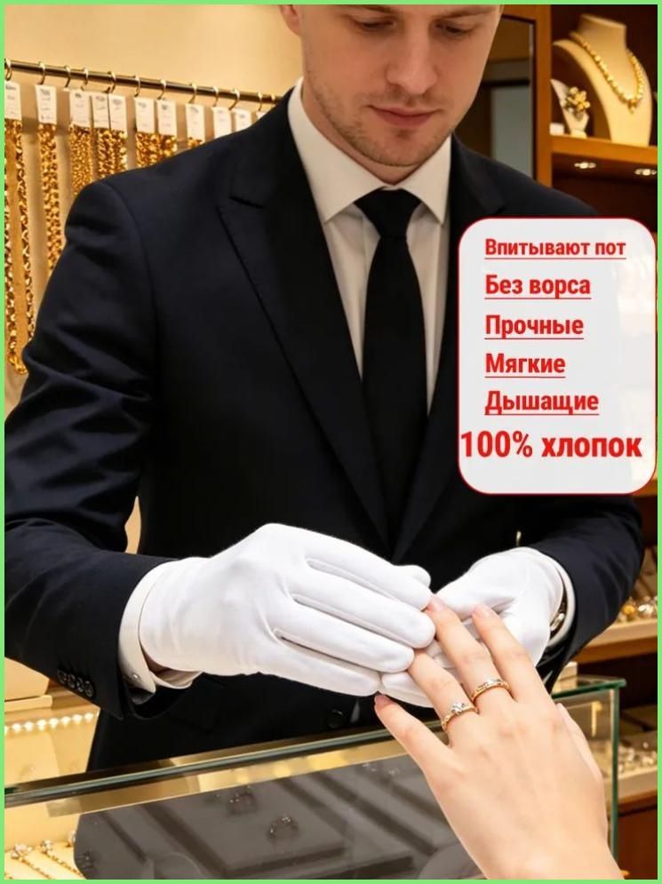 Перчатки хлопковые белые, 100% хлопок, без ворса, дышащие, для ювелиров, нумизматов, реставрации и архивов, набор 1 пары