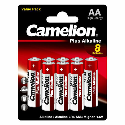 Батарейки алкалиновые (щелочные) CAMELION ALKALINE PLUS 14133, LR6, АА, 1.5В, 2700 мАч, упаковка 8шт батарейки camelion ag13 10 штук в упаковке 1619508