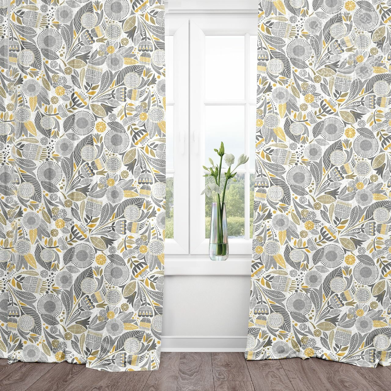 Штора для гостиной с подхватом «Талавера» 145*260см АртПостель рогожка 100% хлопок серый растения