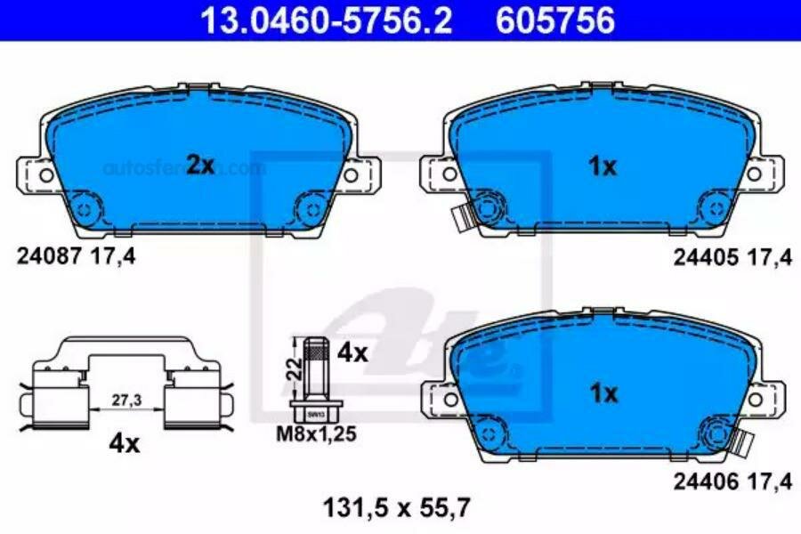 ATE 13046057562 Колодки тормозные дисковые передн, HONDA: CIVIC VIII Hatchback 1.4/1.8/2.2 CTDi 05-