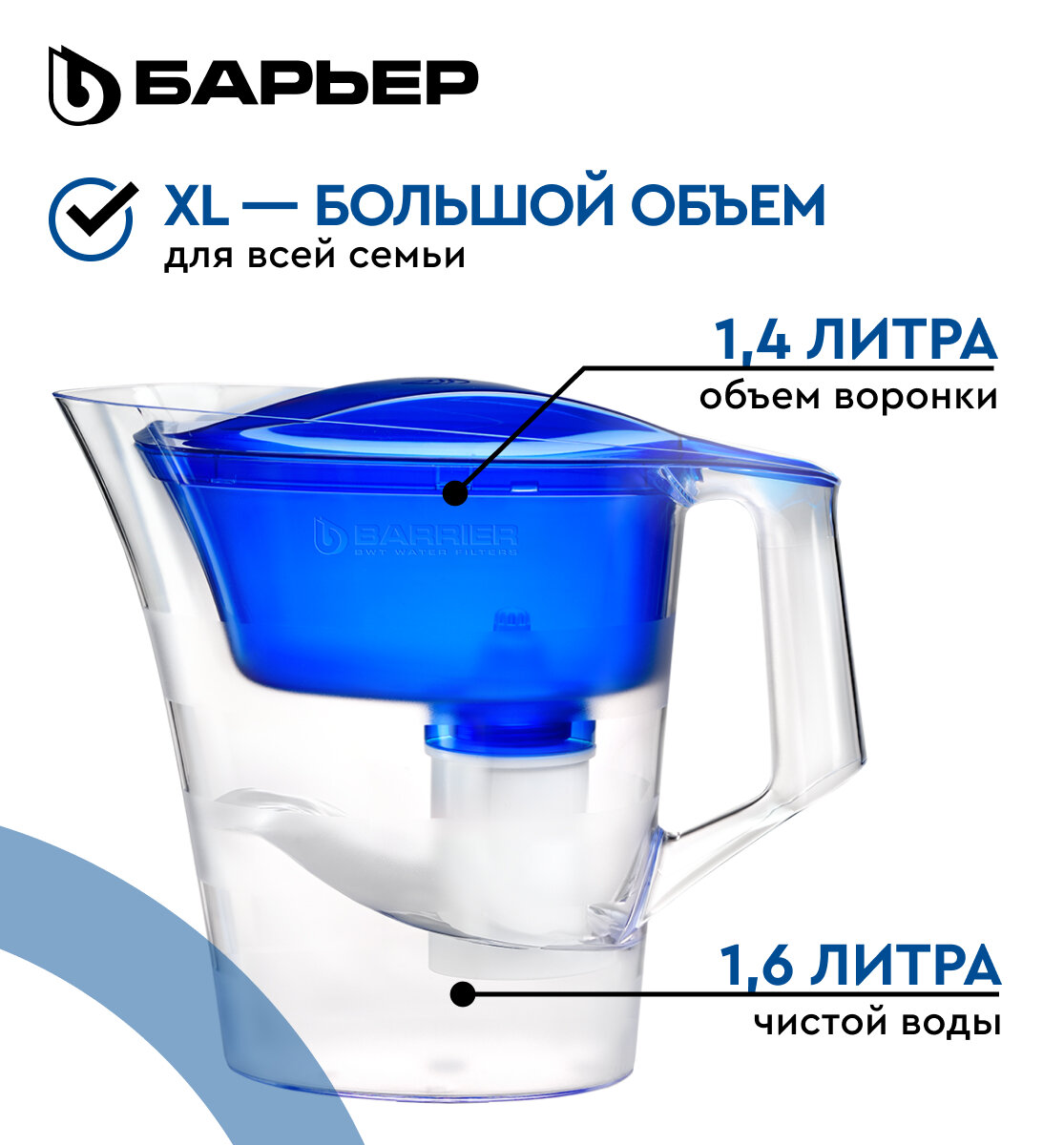 БАРЬЕР Твист синий, XL, фильтр-кувшин для очистки воды, 4 л, без индикатора — фото 1