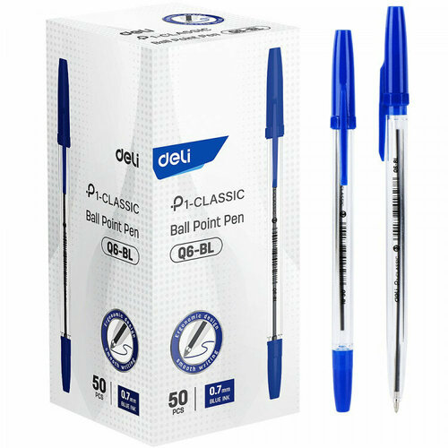 Ручка шариковая Deli P1-Classic, прозрачный корпус, синяя 0,7мм арт. EQ6-BL. Количество в наборе 36 шт.