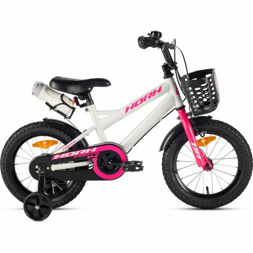 Велосипед детский городской HORH FORTE 14 2024 для детей от 2 лет до 4 лет стальная рама с защитой цепи звонком флягой корзиной 1 ск барабанный тормоза белыйрозовый цвет рост 95-110 см 14646₽