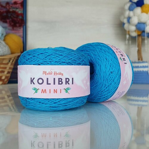 Пряжа MALIK HOBBY Колибри мини, т. бирюза с бирюзовыми пайетками - 043, 95% хлопок, 5% пайетки, 2 мотка, 50 г, 425 м.