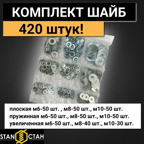 фото Комплект шайб м6, м8, м10 (плоская, увеличенная, гроверная) 420шт в блистере стан