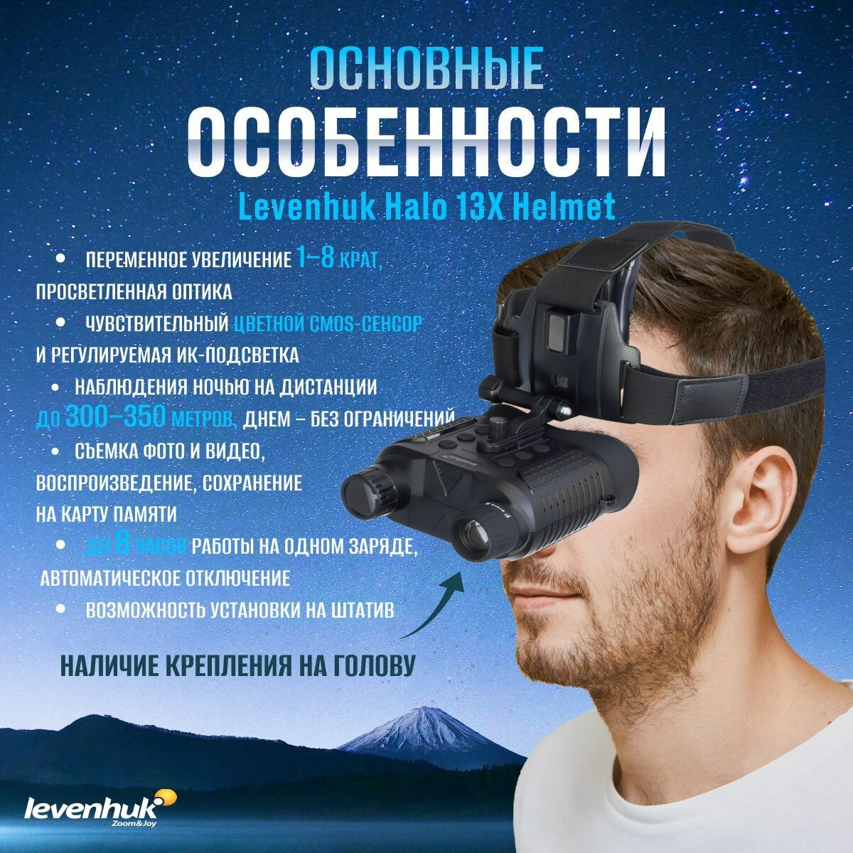 Бинокль цифровой ночного видения Levenhuk Halo 13X Helmet, с креплением на голову - фото №13