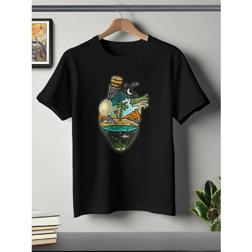фото Футболка oneq унисекс 60-62 (4xl) размер с принтом остров, черная, размер 4xl, черный