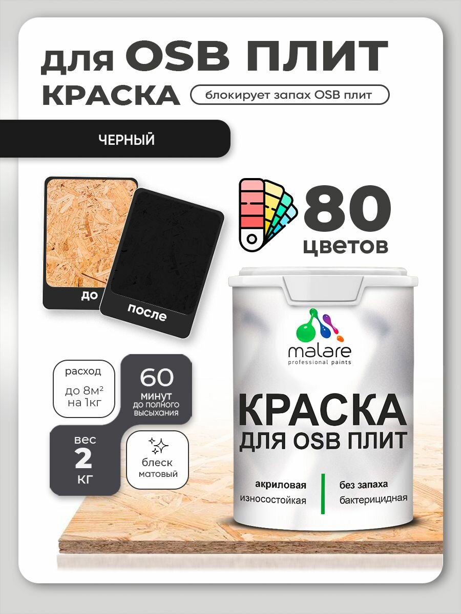Акриловая краска для ОСБ плит Malare для дерева для наружных и внутренних работ, быстросохнущая без запаха матовая, черный, 2 кг
