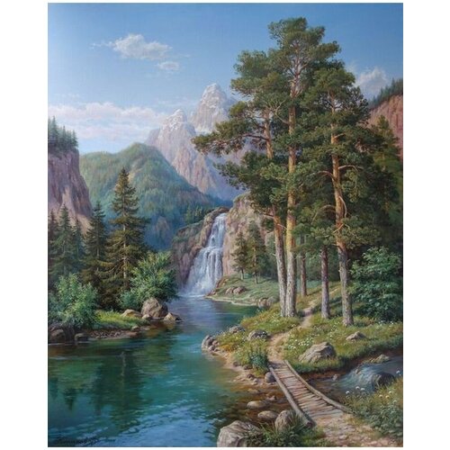 Вышивка крестиком 46х56 - Водопад в лесу и мостик вышивка крестиком 46х56 водопад в лесу и мостик