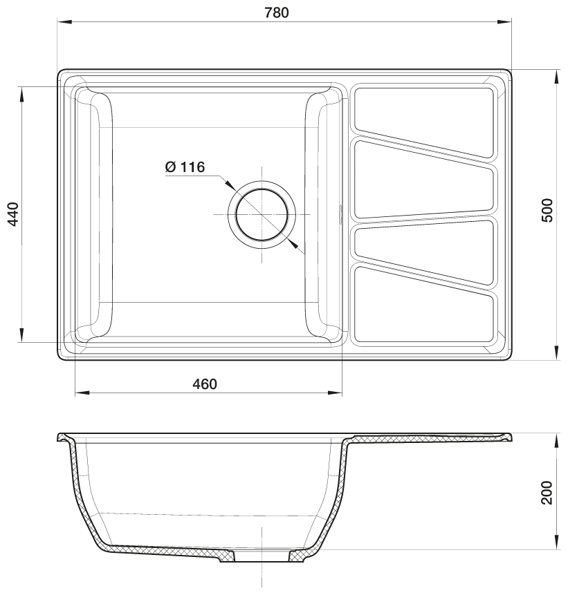 Каменная мойка для кухни врезная GranFest GF-V780L , цвет серый, 780x500x200 мм / раковина для кухни - фотография № 3