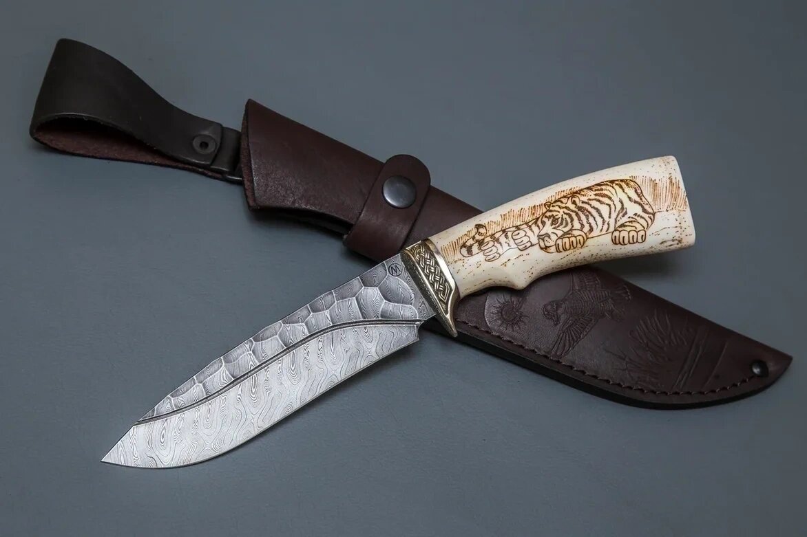 Эксклюзивный нож из дамасской стали «Скиф», рукоять литье мельхиор, кость - Кузница Сёмина