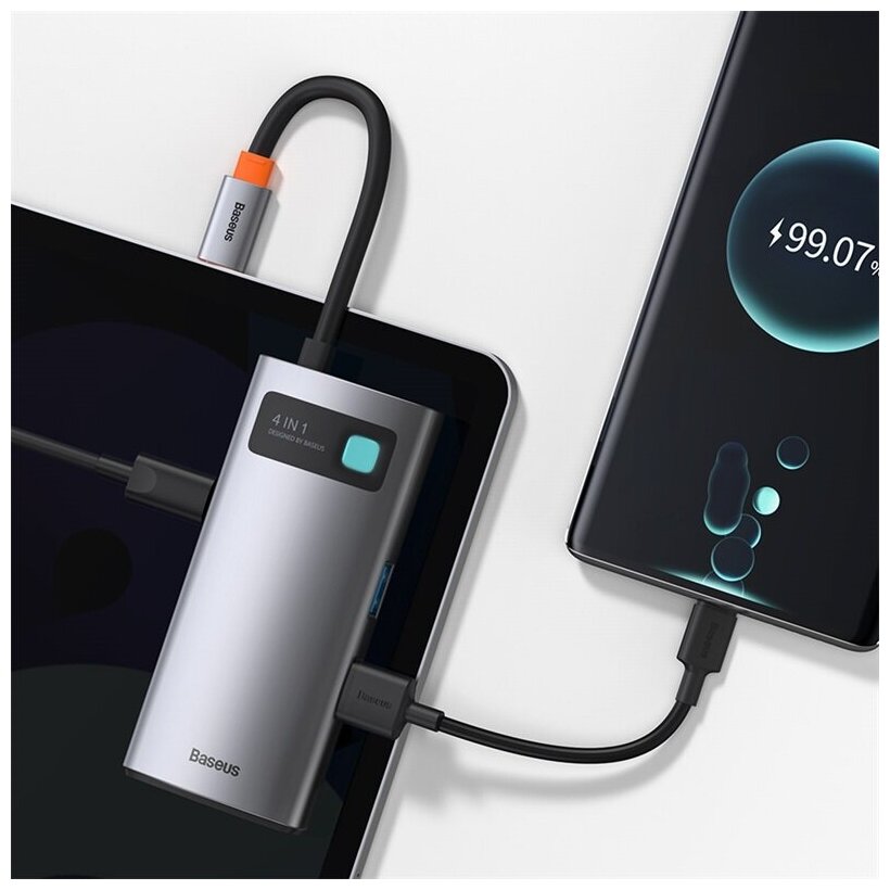 ПереходникАдаптер BASEUS Metal Gleam Series 4-in-1 Разветвитель Type-C - USB30 USB20 HDMI PD серый