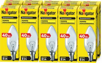 Лампа накаливания Navigator 94 303 NI-B, свеча, 40 Вт, цоколь Е14, комплект 10 шт.