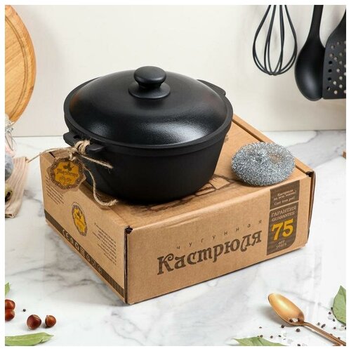 Казан-кастрюля чугунный литой, 3 л, алюминиевая крышка, премиум набор