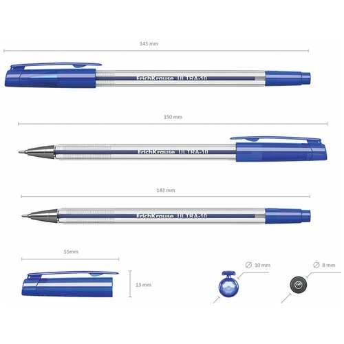 ERICH KRAUSE Ручка шариковая масляная erich krause ultra-10 , синяя, корпус прозрачный, узел 0,7 мм, линия письма 0,26 мм, 13873, 24 шт.