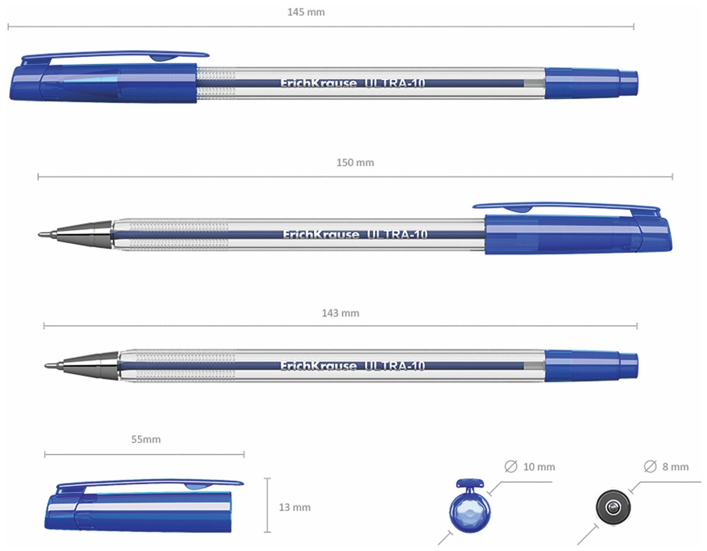 Ручка шариковая масляная ERICH KRAUSE "Ultra-10", синяя, корпус прозрачный, узел 0,7 мм, линия письма 0,26 мм, 13873 (12 штуки)