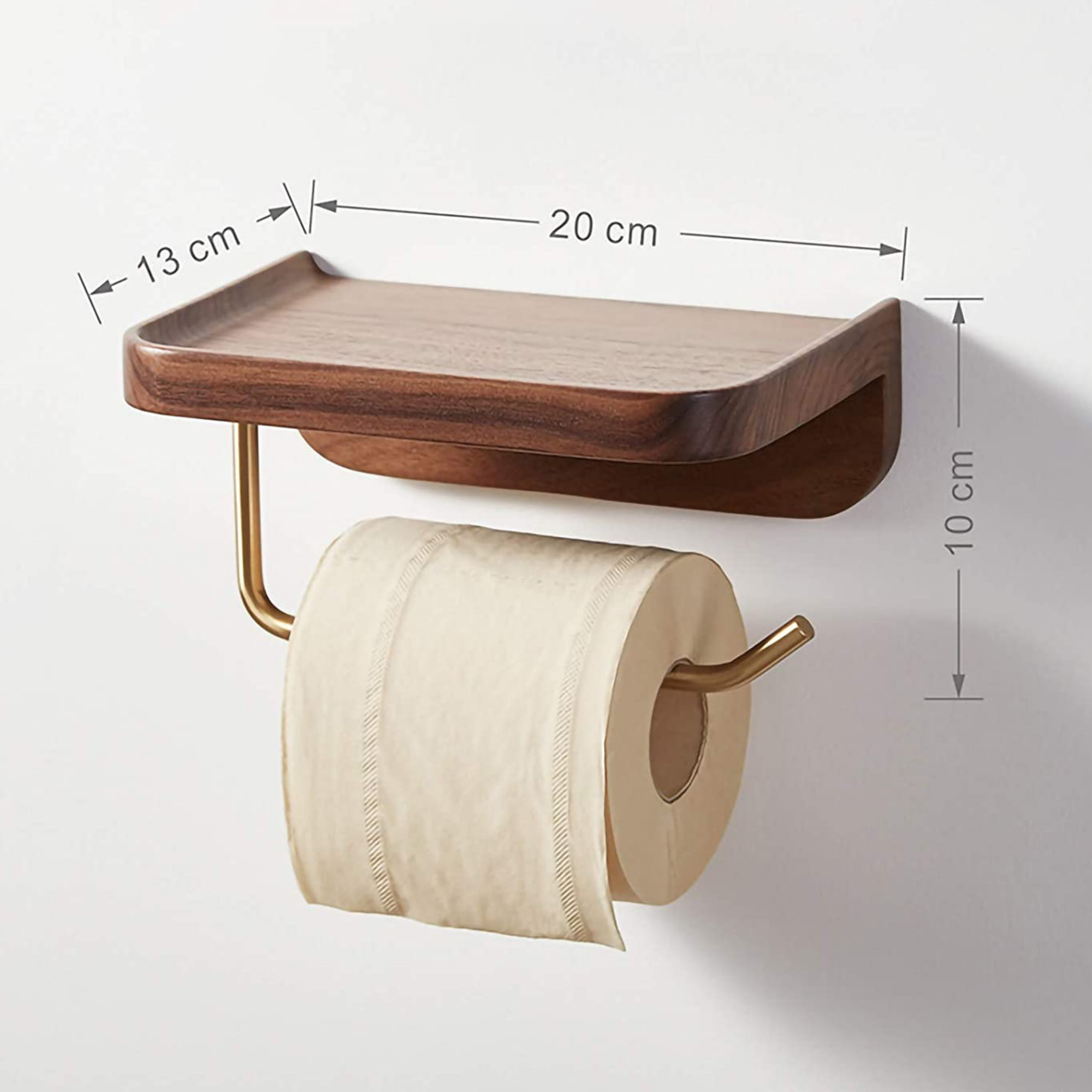 Настенный держать A-PORTE HOME для туалетной бумаги, с полочкой, 20 см, ореховое дерево/алюминий, коричневый-золотой - фотография № 3