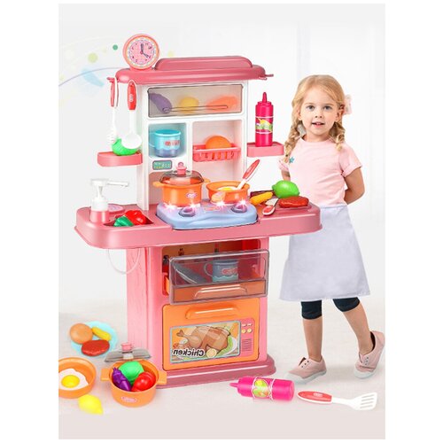 Интерактивный, многофункциональный, игрушечный кухонный гарнитур с посудой, продуктами, водой, высота 70 см, розовый