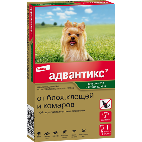 elanco адвантикс капли от блох клещей и комаров для щенков и собак весом от 1 5 до 4 кг 4 пипетки Адвантикс (Elanco) для собак весом до 4 кг для защиты от блох, иксодовых клещей, летающих насекомых и переносимых ими заболеваний. 1 пипетка в упаковке.