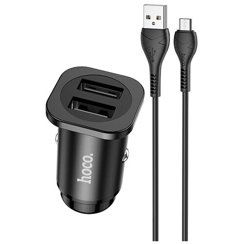 Автомобильное зарядное устройство HOCO NZ4 Wise, 2*USB + Кабель USB-Micro, 2.4A, черный автомобильное зарядное устройство провод питания micro usb 5v 2a 1м