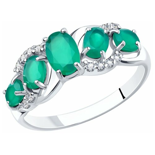 Кольцо SOKOLOV, серебро, 925 проба, родирование, агат, фианит, размер 16, зеленый, бесцветный кольцо с эмалью агатами и фианитами из серебра